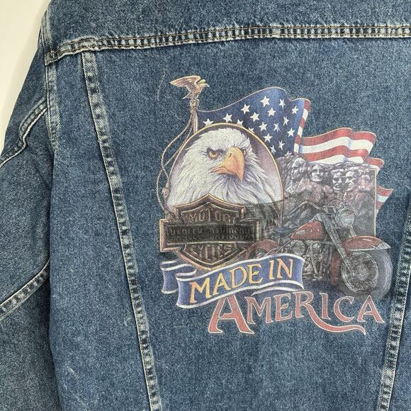 Vintage Harley Davidson Jacket Mens Medium Blue Denim Made In America Eagles 90s - Picture 2 of 10